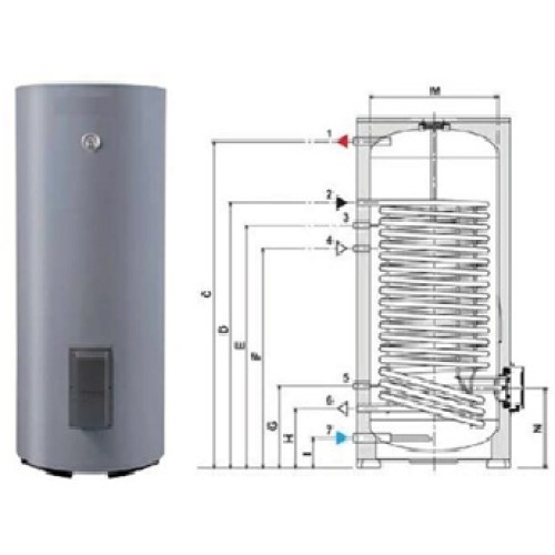 Netiesioginis vandens šildytuvas su dideliu spiraliniu šilumokaičiu šilumos siurbliui su integruotu kaitinimo elementu, Ferroli F200-1C (B4SUN- F200-1C)