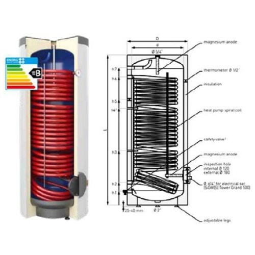 Netiesioginis vandens šildytuvas su dideliu spiraliniu šilumokaičiu šilumos siurbliui SGW(S) tipo (B4GLM-26-208107)